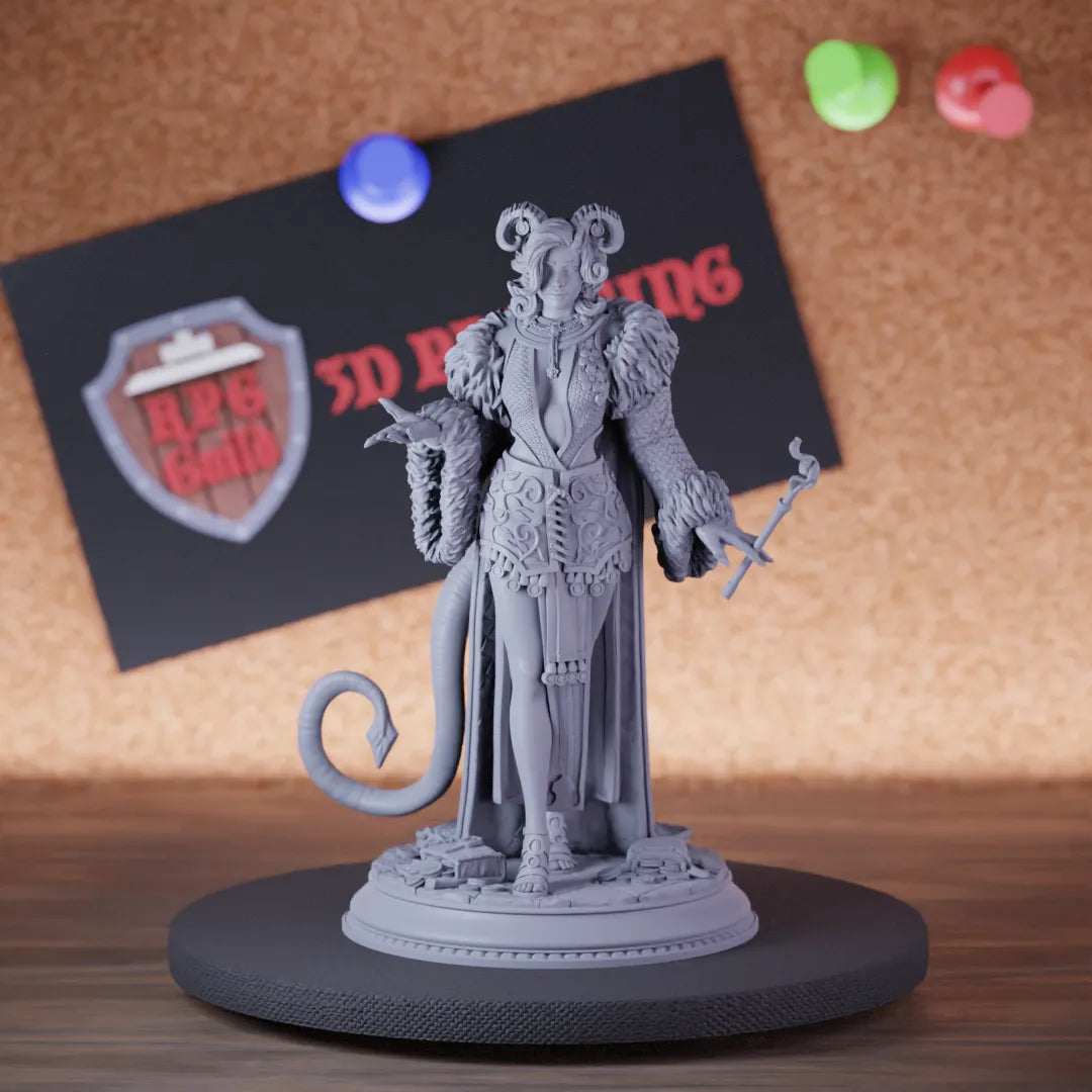 Highly detailed female tiefling noble woman miniature of Madame, perfect for DnD 5e encounters, fantasy tabletop RPG campaigns, painting and display.