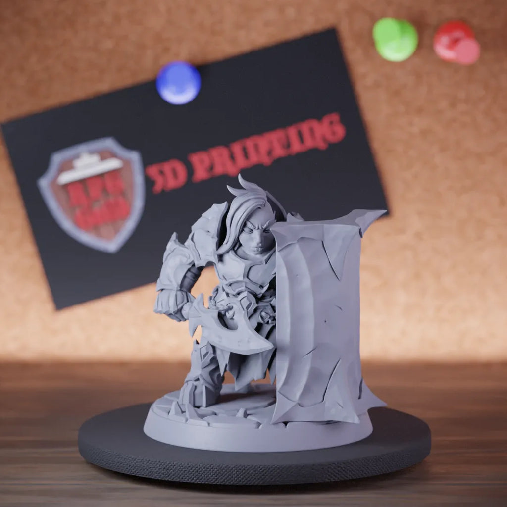 Highly detailed female dwarf defender warrior shield miniature of Magmaforged, perfect for DnD 5e encounters, fantasy tabletop RPG campaigns, painting and display.