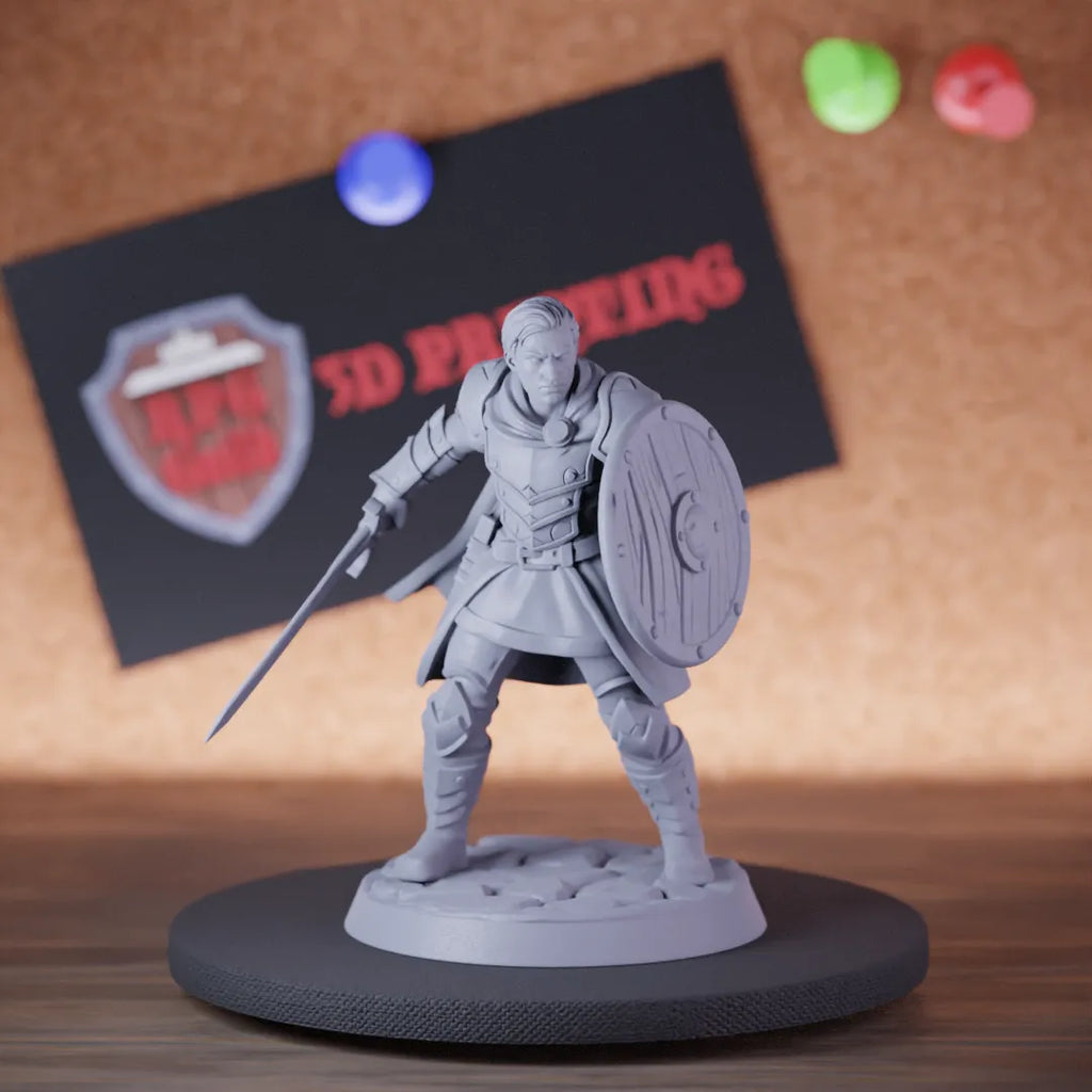 Highly detailed fighter human knight sword shield miniature, perfect for DnD 5e encounters, fantasy tabletop RPG campaigns, painting and display.