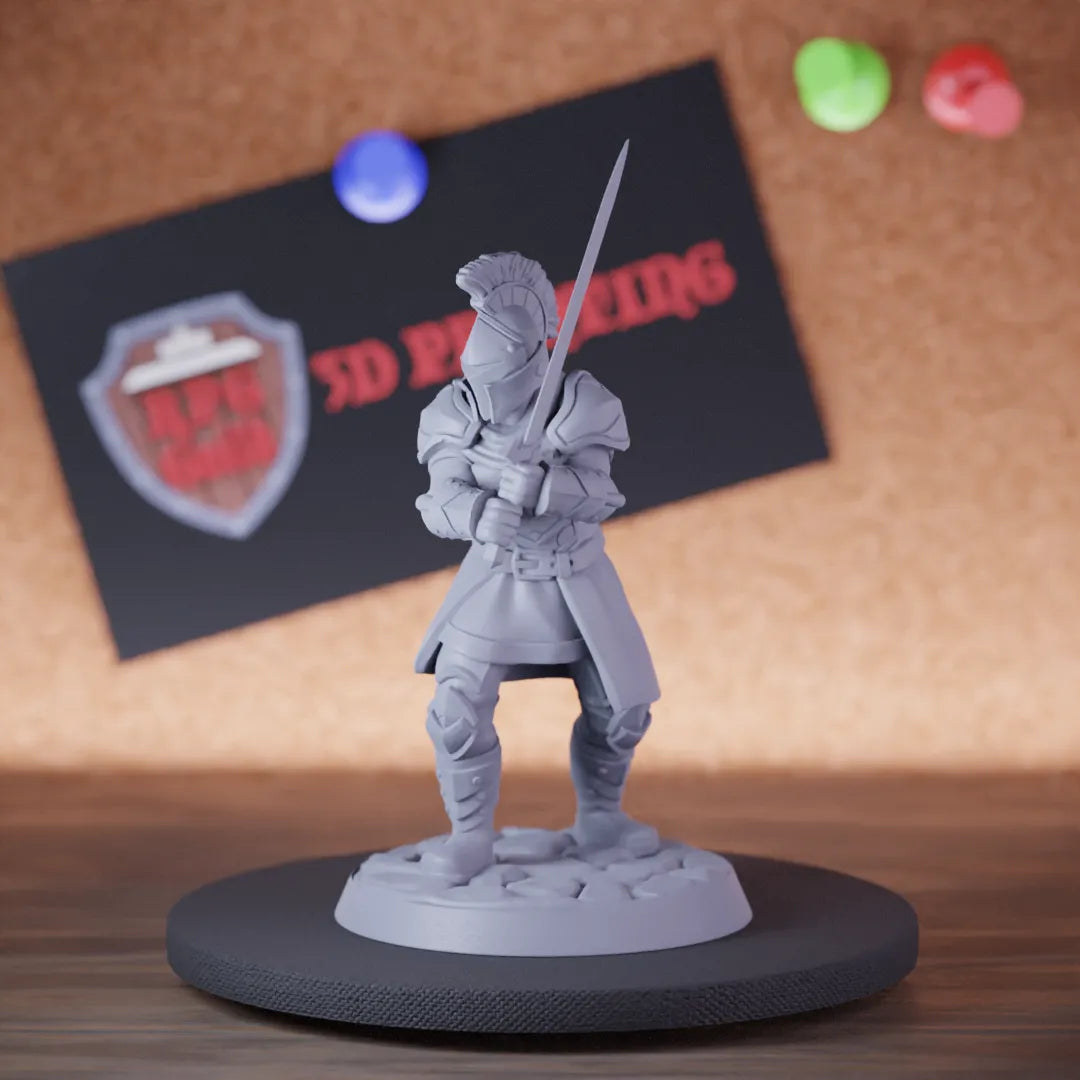 Highly detailed fighter human knight armored sword miniature, perfect for DnD 5e encounters, fantasy tabletop RPG campaigns, painting and display.