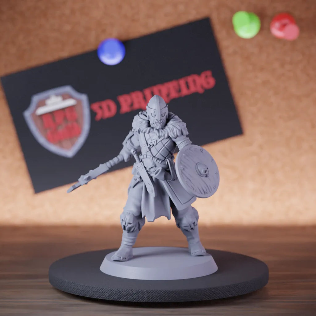 Highly detailed human warrior viking swordsmen miniature, perfect for DnD 5e encounters, fantasy tabletop RPG campaigns, painting and display.