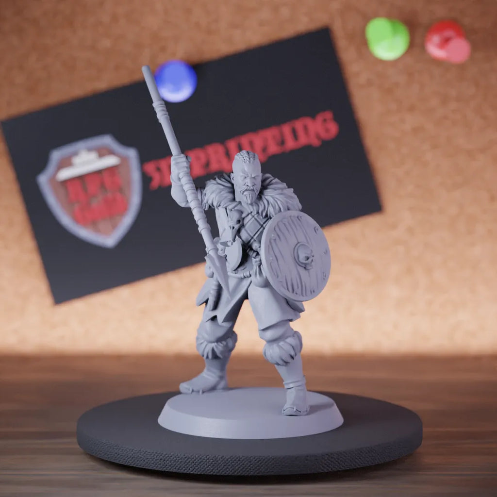 Highly detailed fighter warrior viking spear northmen miniature, perfect for DnD 5e encounters, fantasy tabletop RPG campaigns, painting and display.
