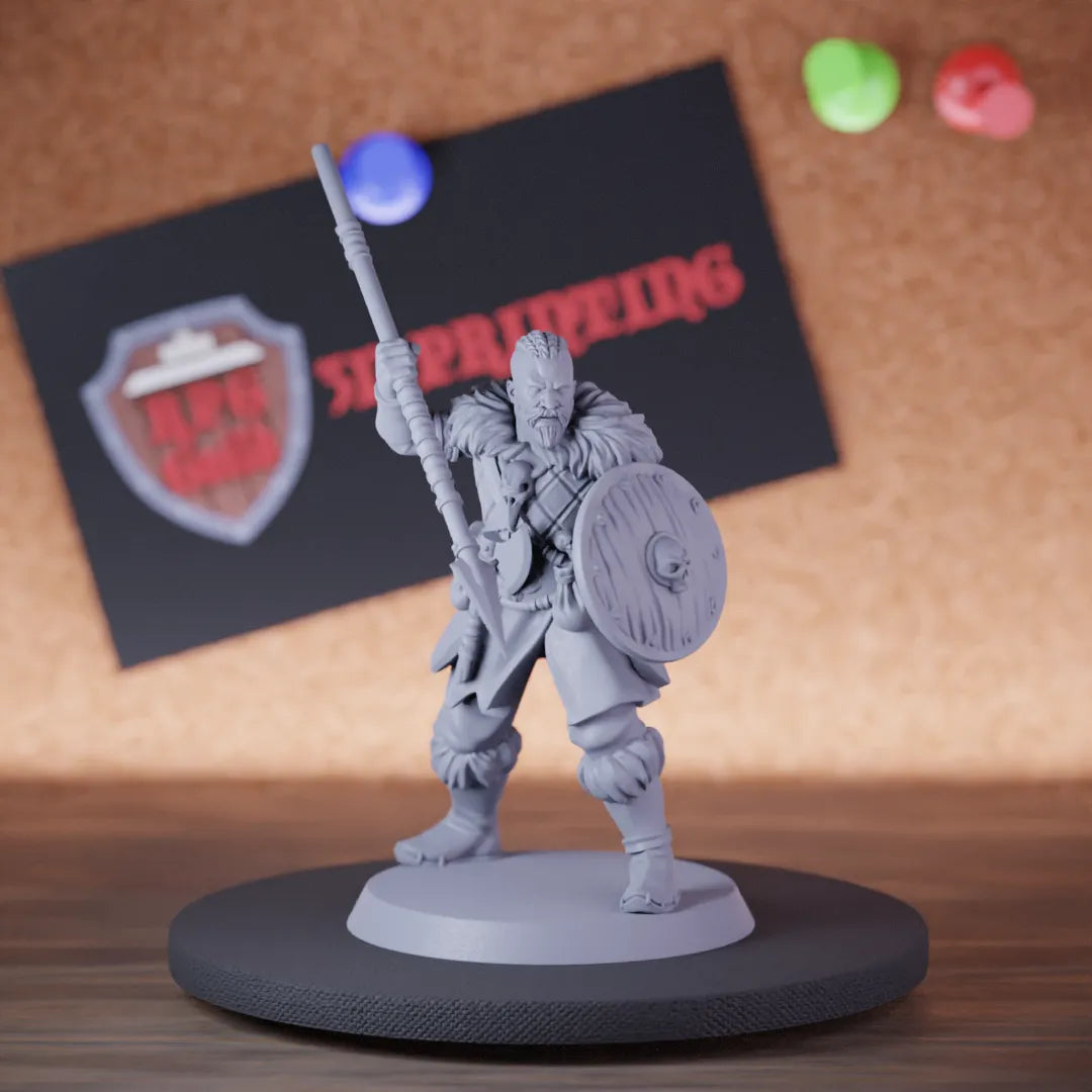 Highly detailed fighter warrior viking spear northmen miniature, perfect for DnD 5e encounters, fantasy tabletop RPG campaigns, painting and display.