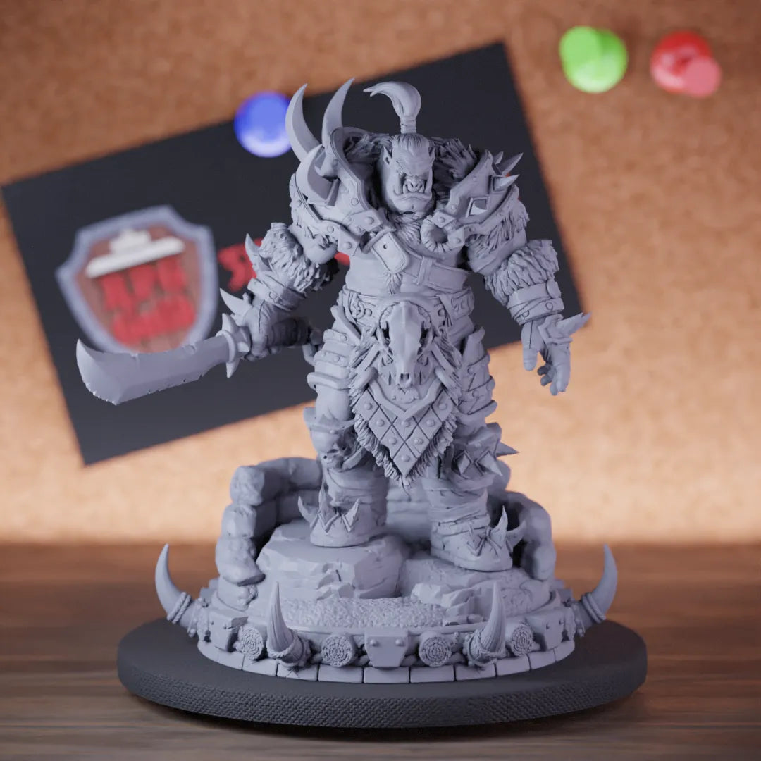 Highly detailed fighter lesser orc barbarian sword miniature of Medhren, perfect for DnD 5e encounters, fantasy tabletop RPG campaigns, painting and display.