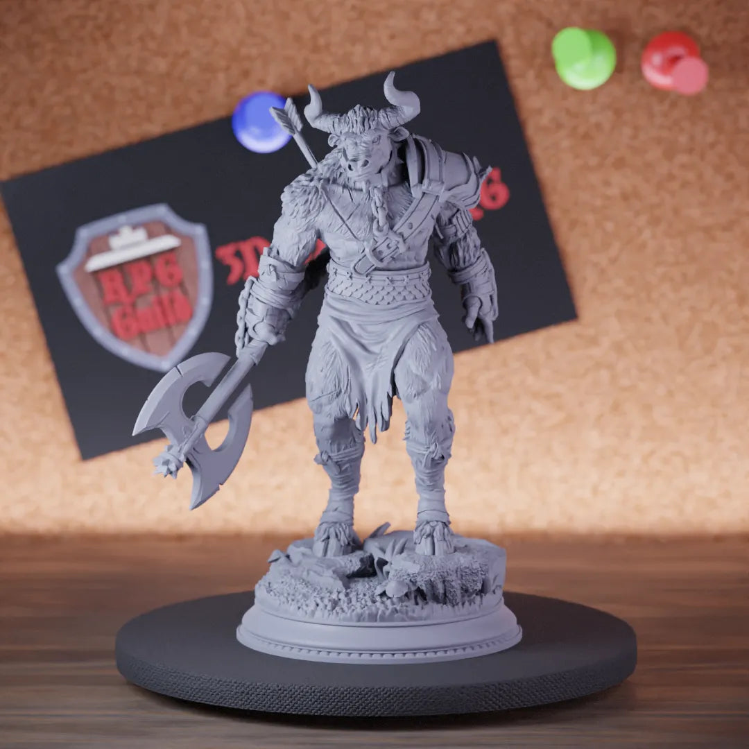 Highly detailed fighter minotaur warrior axe miniature of MinotaurAxe, perfect for DnD 5e encounters, fantasy tabletop RPG campaigns, painting and display.