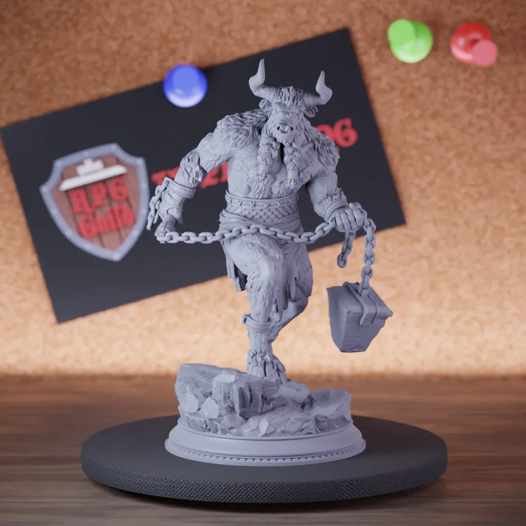 Highly detailed fighter minotaur warrior chain miniature of MinotaurChain, perfect for DnD 5e encounters, fantasy tabletop RPG campaigns, painting and display.