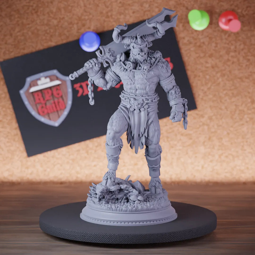 Highly detailed fighter minotaur warrior sword miniature of MinotaurSword, perfect for DnD 5e encounters, fantasy tabletop RPG campaigns, painting and display.