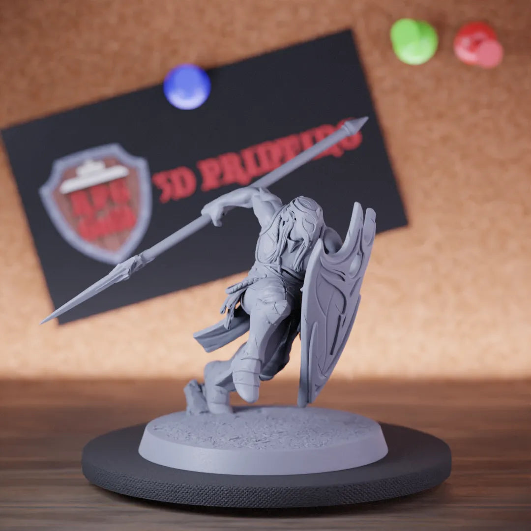 Highly detailed elf moon running spear shield miniature of MoonElfSentinel, perfect for DnD 5e encounters, fantasy tabletop RPG campaigns, painting and display.