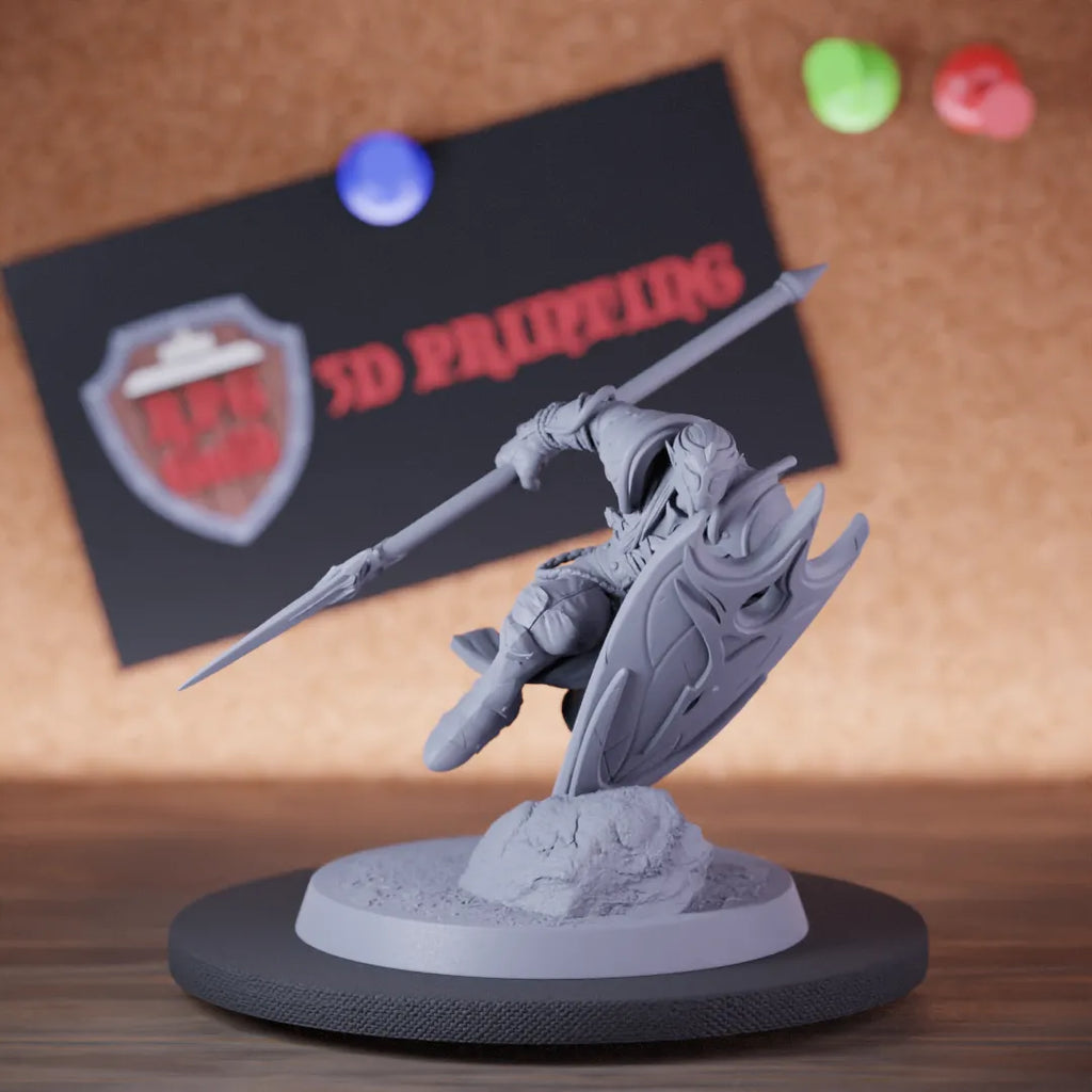 Highly detailed elf savage moon spear shield miniature of MoonElfSentinel, perfect for DnD 5e encounters, fantasy tabletop RPG campaigns, painting and display.