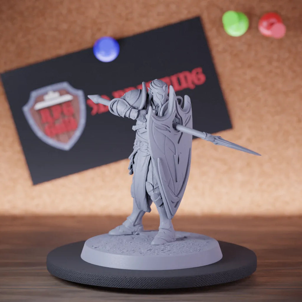 Highly detailed elf lesser moon hold line spear shield miniature of MoonElfSentinel, perfect for DnD 5e encounters, fantasy tabletop RPG campaigns, painting and display.