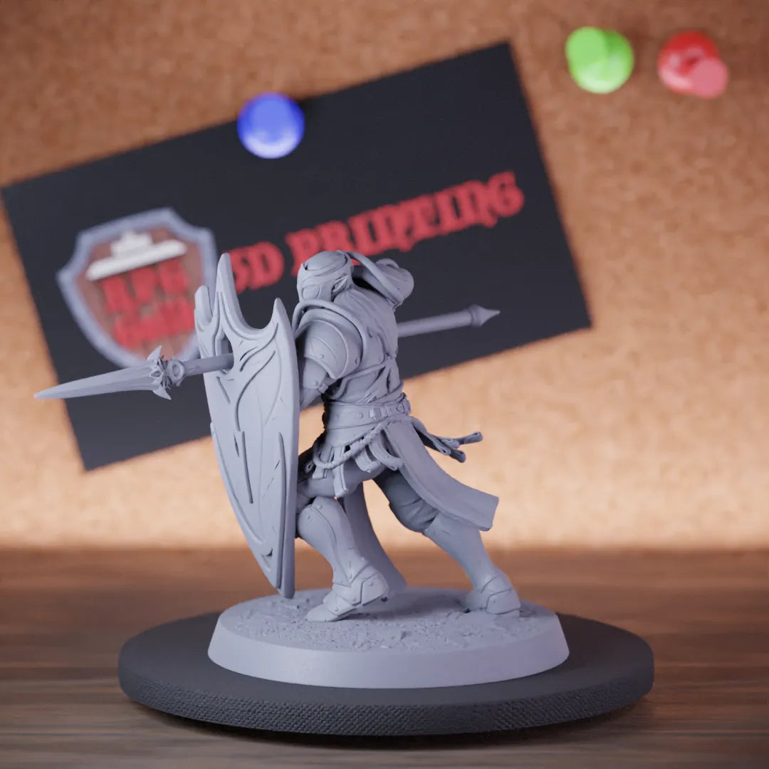Highly detailed elf moon hold formation spear shield miniature of MoonElfSentinel, perfect for DnD 5e encounters, fantasy tabletop RPG campaigns, painting and display.