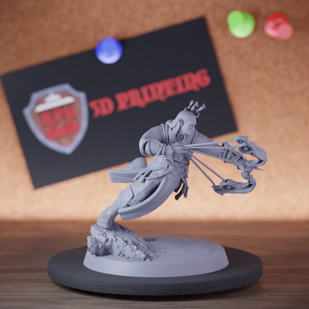 Highly detailed elf moon jump bow miniature of MoonElfSentinel, perfect for DnD 5e encounters, fantasy tabletop RPG campaigns, painting and display.