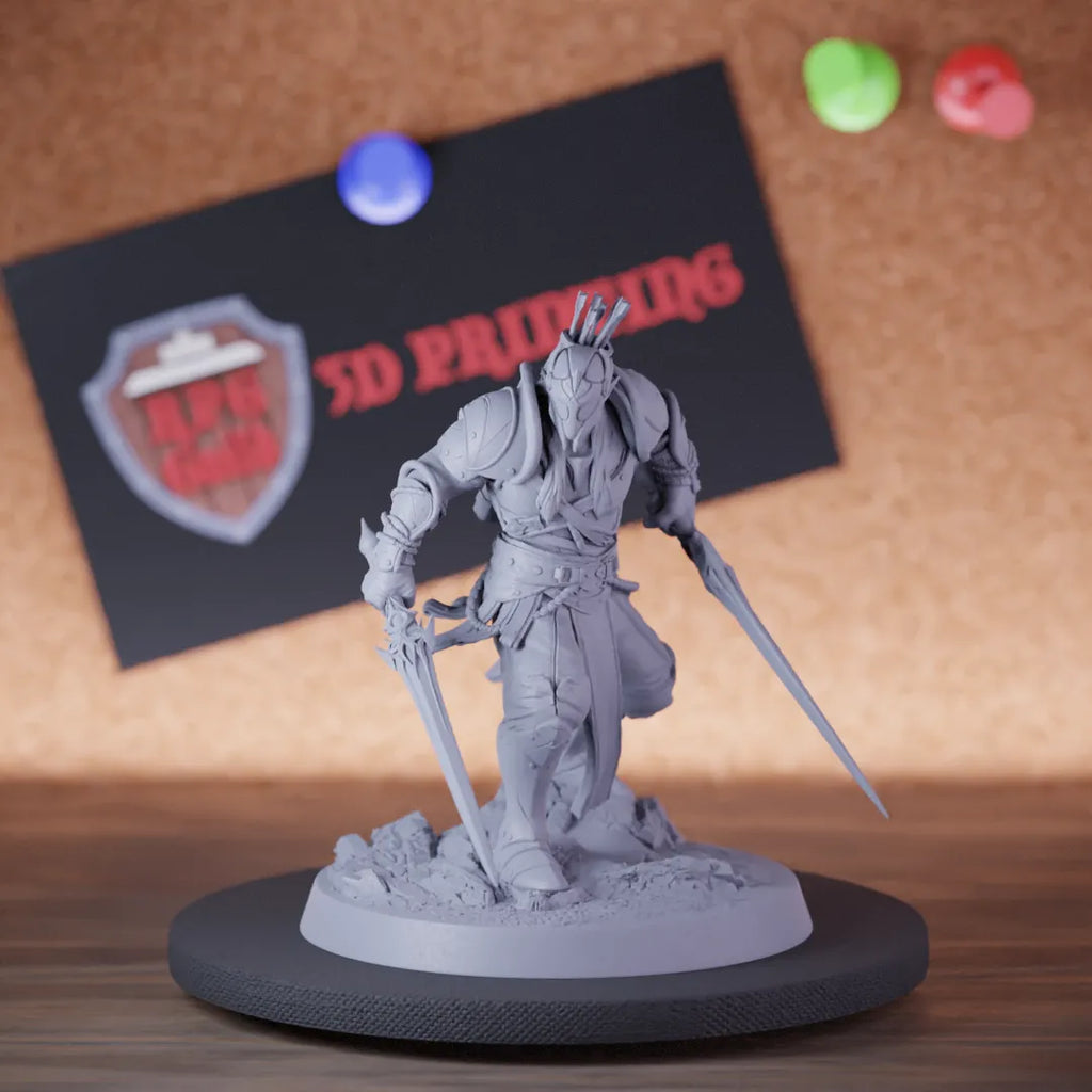 Highly detailed elf lesser moon double sword miniature of MoonElfSentinel, perfect for DnD 5e encounters, fantasy tabletop RPG campaigns, painting and display.