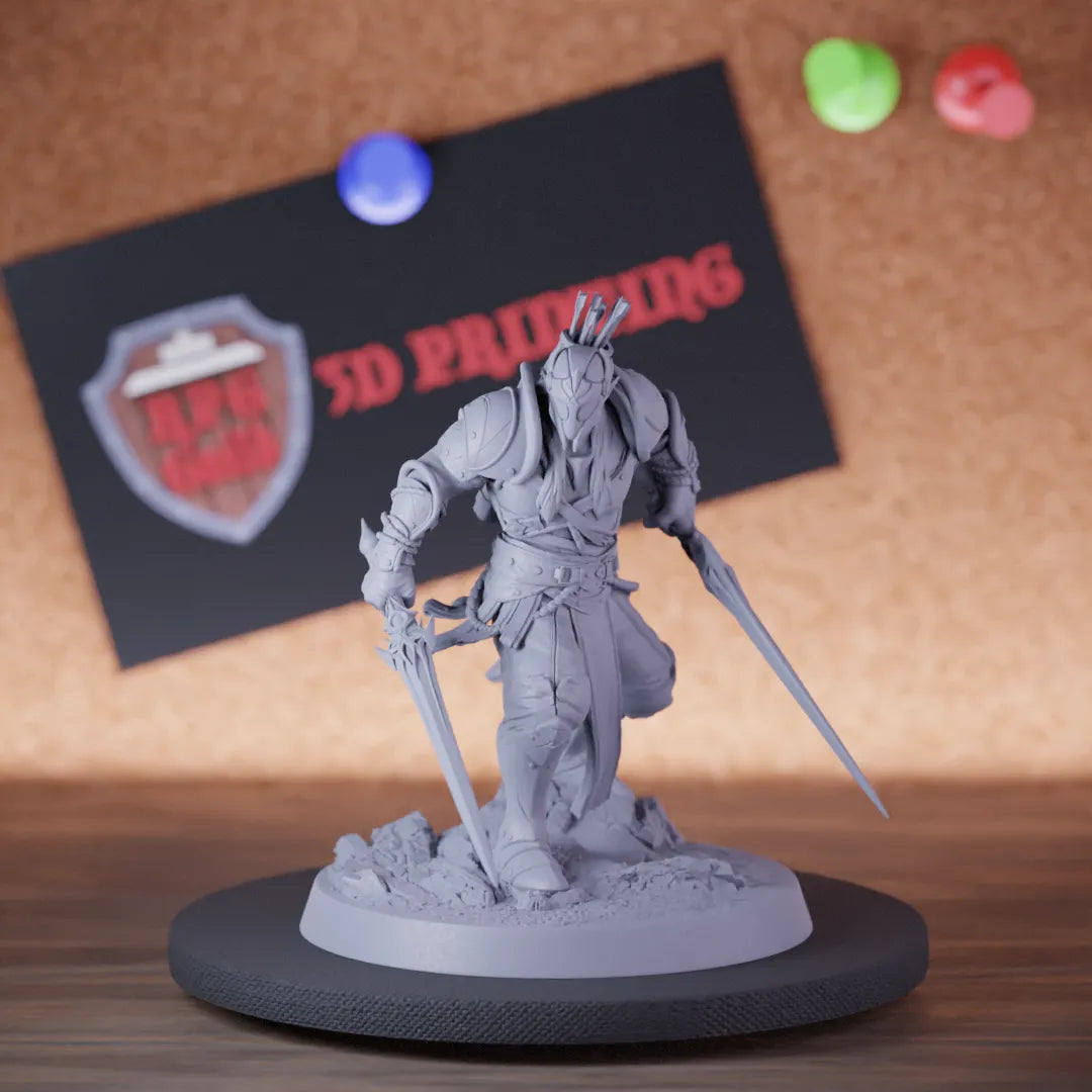 Highly detailed elf lesser moon double sword miniature of MoonElfSentinel, perfect for DnD 5e encounters, fantasy tabletop RPG campaigns, painting and display.