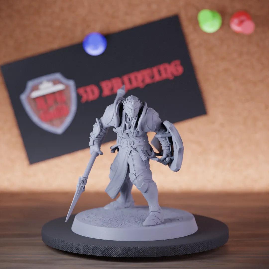 Highly detailed elf greater moon spear shield miniature of MoonElfSentinel, perfect for DnD 5e encounters, fantasy tabletop RPG campaigns, painting and display.