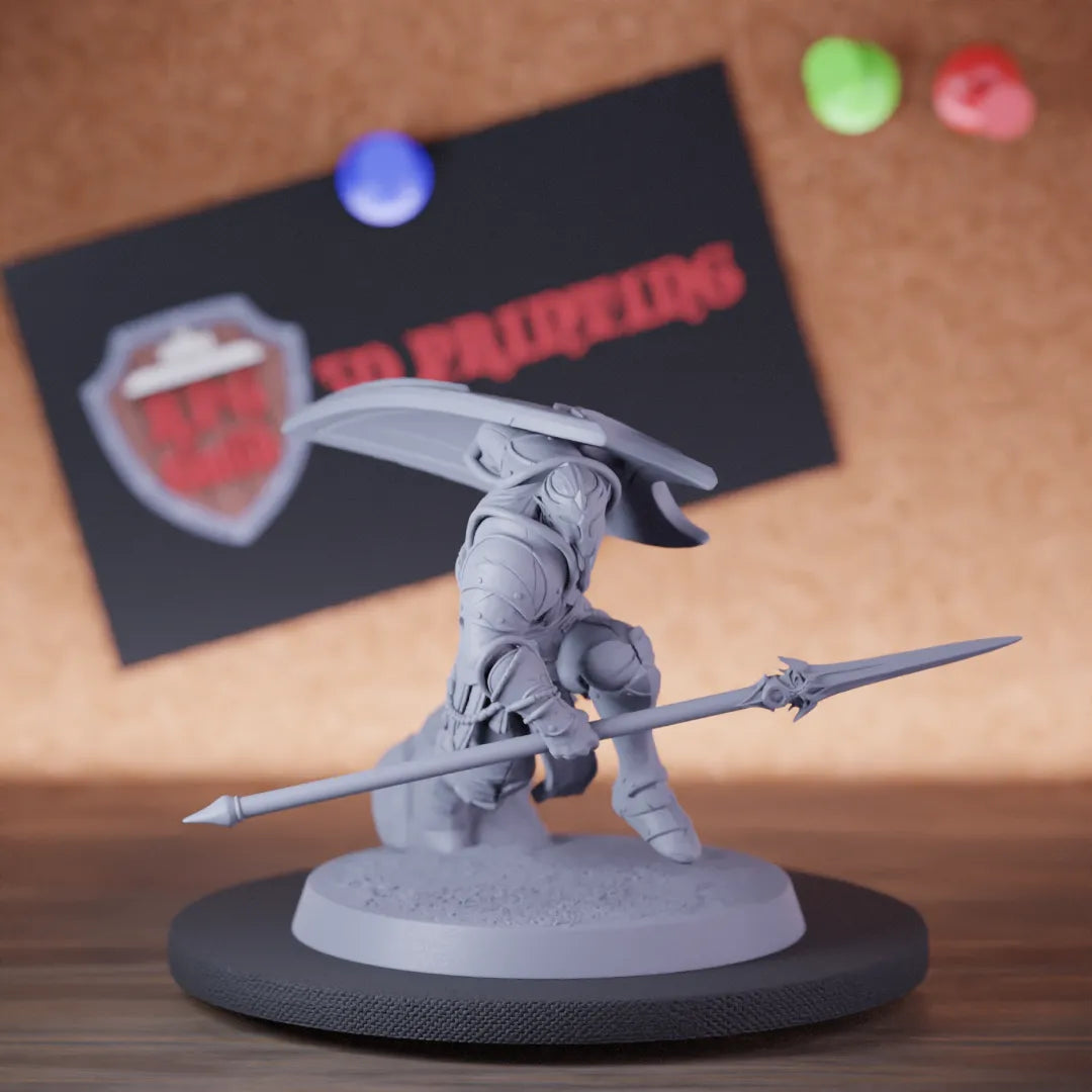 Highly detailed elf lesser moon spear shield miniature of MoonElfSentinel, perfect for DnD 5e encounters, fantasy tabletop RPG campaigns, painting and display.