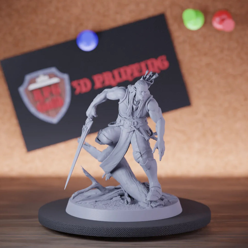 Highly detailed elf moon slide sword miniature of MoonElfSentinel, perfect for DnD 5e encounters, fantasy tabletop RPG campaigns, painting and display.