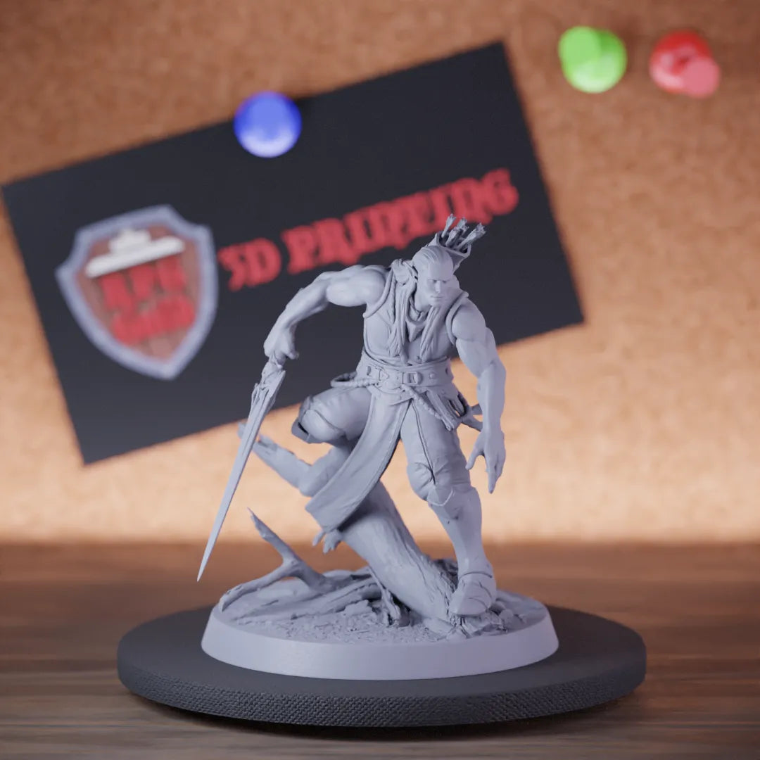 Highly detailed elf moon slide sword miniature of MoonElfSentinel, perfect for DnD 5e encounters, fantasy tabletop RPG campaigns, painting and display.