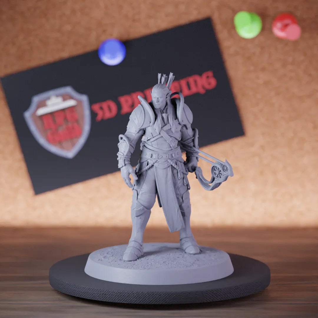 Highly detailed elf moon bow miniature of MoonElfSentinel, perfect for DnD 5e encounters, fantasy tabletop RPG campaigns, painting and display.