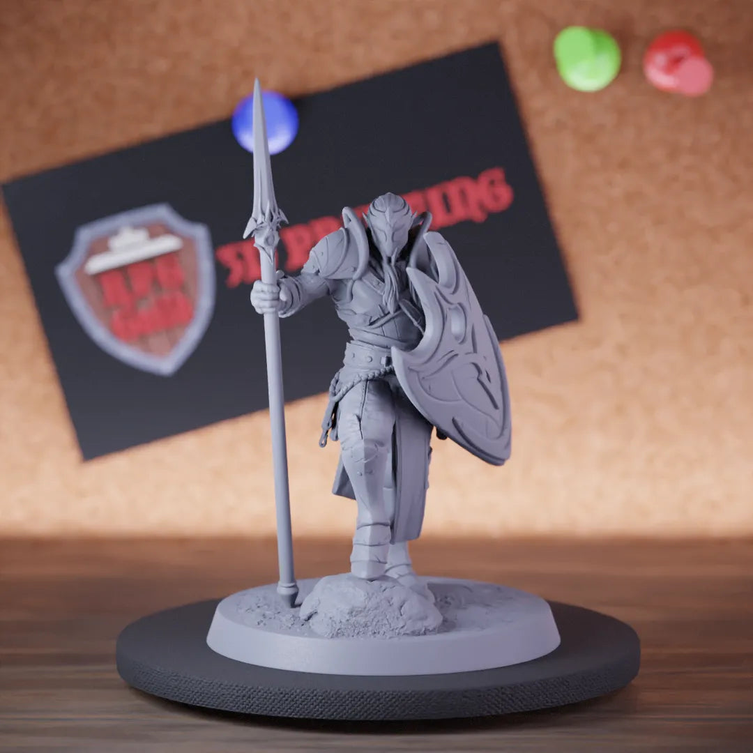 Highly detailed elf moon spear shield miniature of MoonElfSentinel, perfect for DnD 5e encounters, fantasy tabletop RPG campaigns, painting and display.