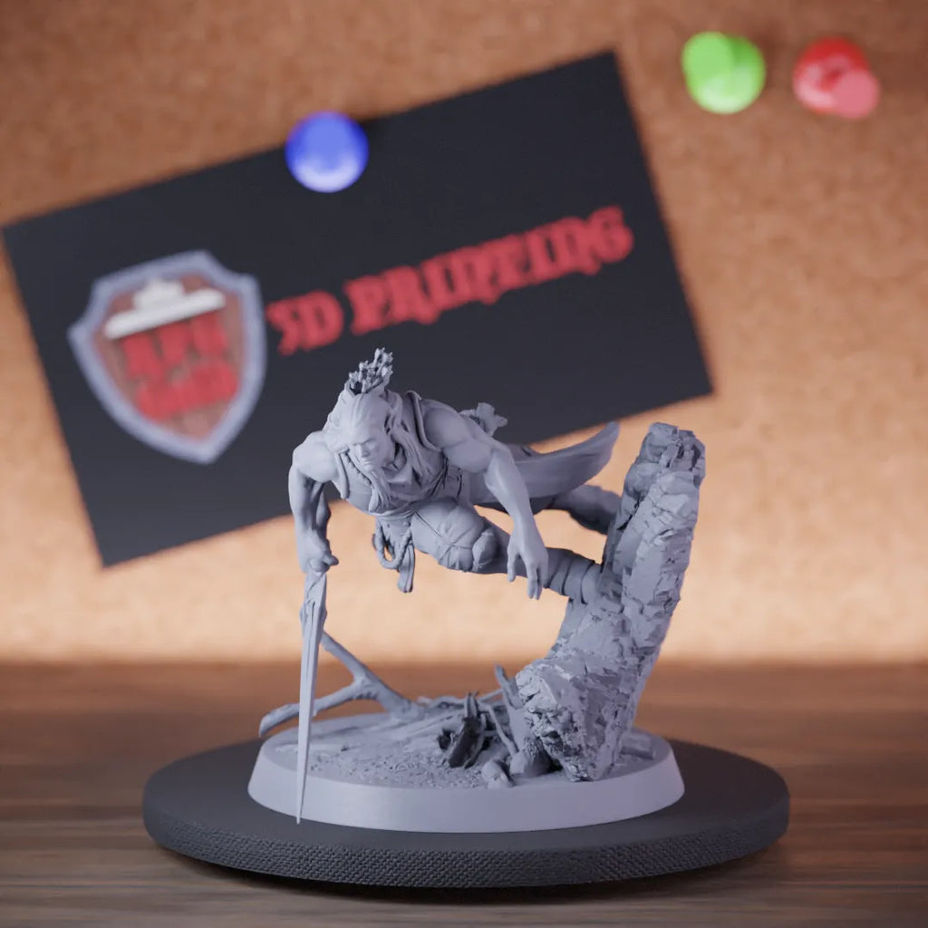 Highly detailed elf moon wall sword miniature of MoonElfSentinel, perfect for DnD 5e encounters, fantasy tabletop RPG campaigns, painting and display.