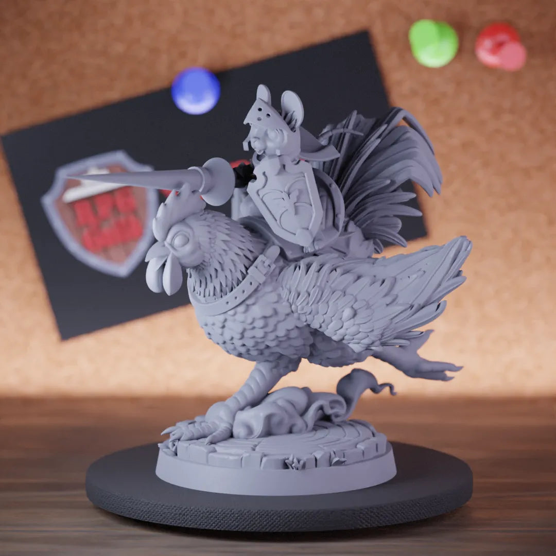 Highly detailed fighter mousefolk chicken cavalier miniature of Mouse, perfect for DnD 5e encounters, fantasy tabletop RPG campaigns, painting and display.