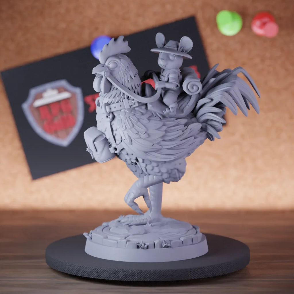 Highly detailed mousefolk chicken traveler npc miniature of Mouse, perfect for DnD 5e encounters, fantasy tabletop RPG campaigns, painting and display.