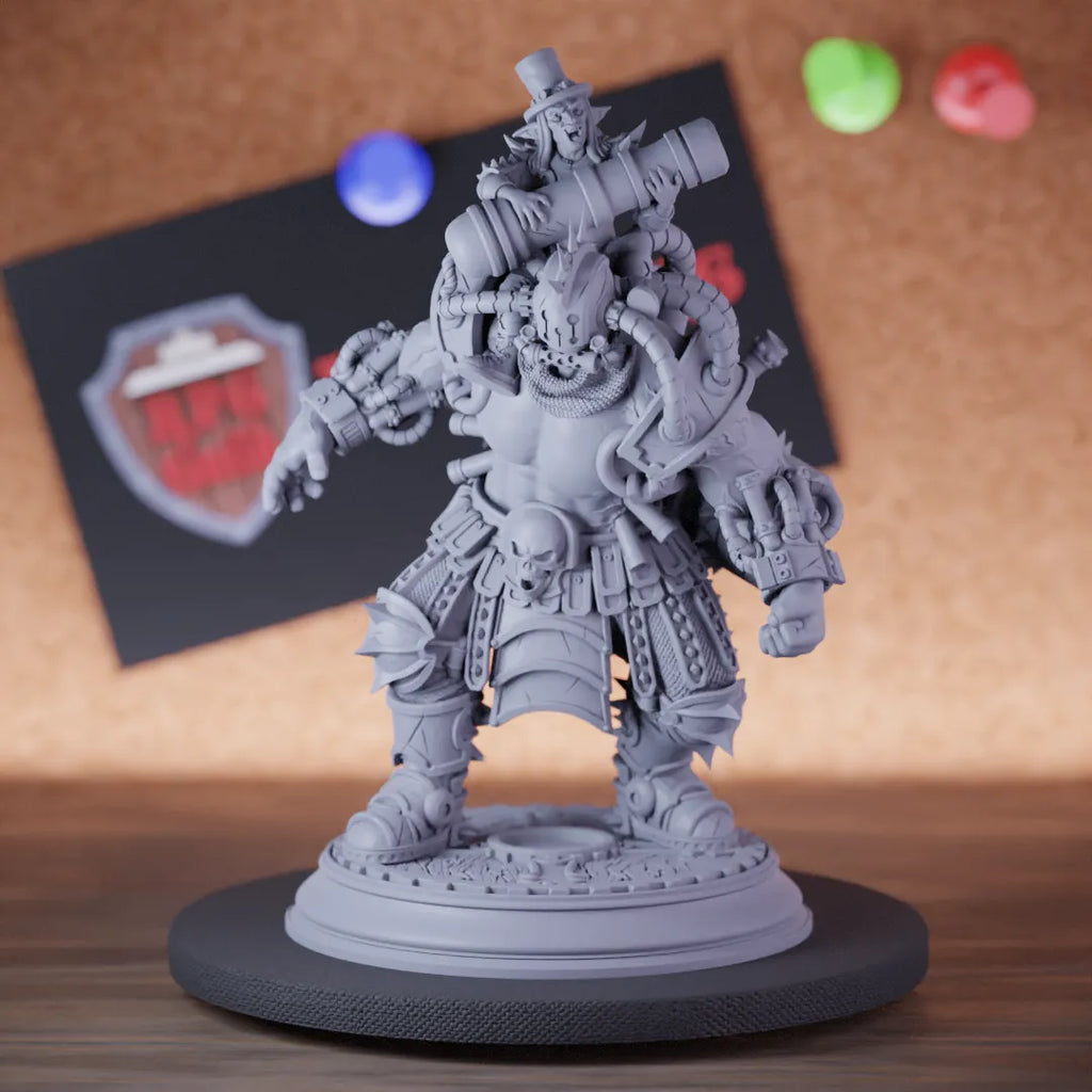 Highly detailed goblin steampunk orc cannoneer miniature of Muscles, perfect for DnD 5e encounters, fantasy tabletop RPG campaigns, painting and display.