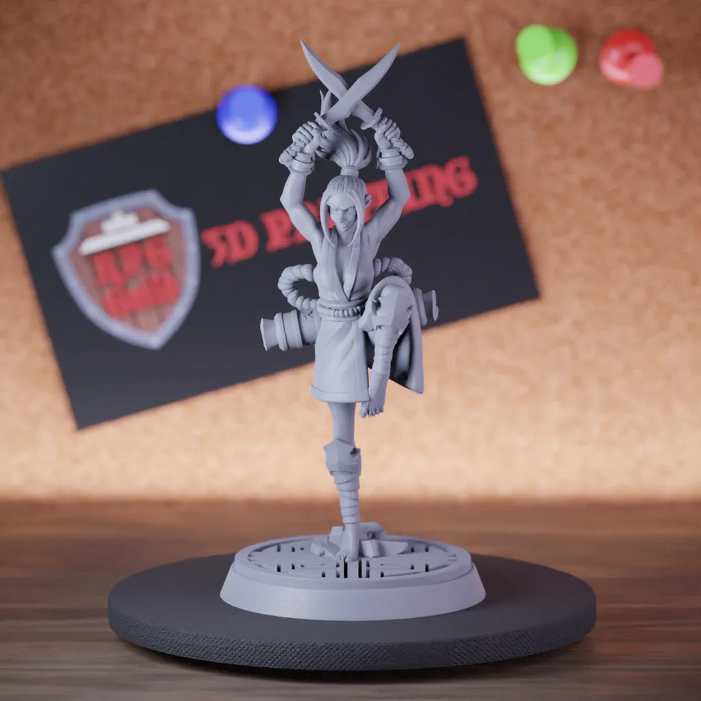 Highly detailed female monk human dagger master miniature of Obsidian, perfect for DnD 5e encounters, fantasy tabletop RPG campaigns, painting and display.