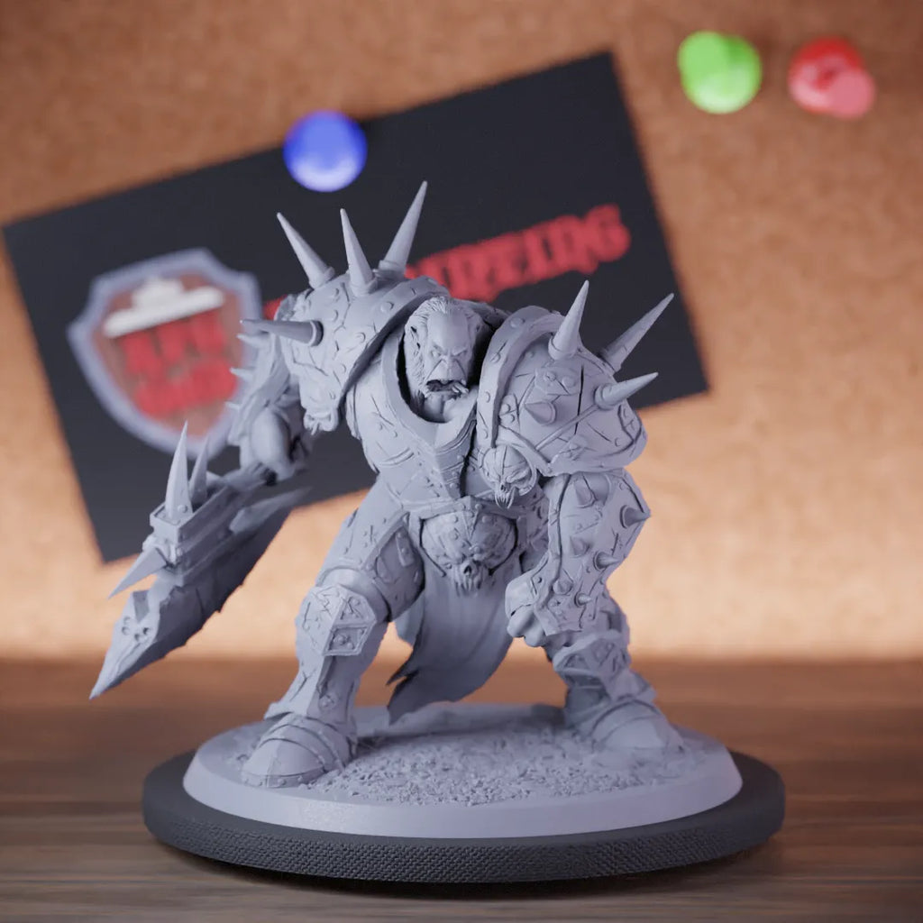Highly detailed orc warchief boss miniature of OrcBoss, perfect for DnD 5e encounters, fantasy tabletop RPG campaigns, painting and display.