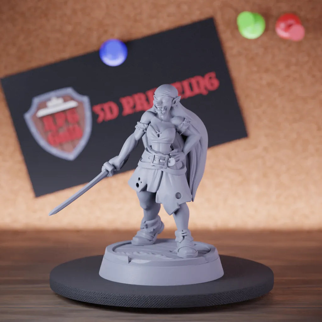 Highly detailed female pirate lesser orc captain legendary miniature of Orc, perfect for DnD 5e encounters, fantasy tabletop RPG campaigns, painting and display.