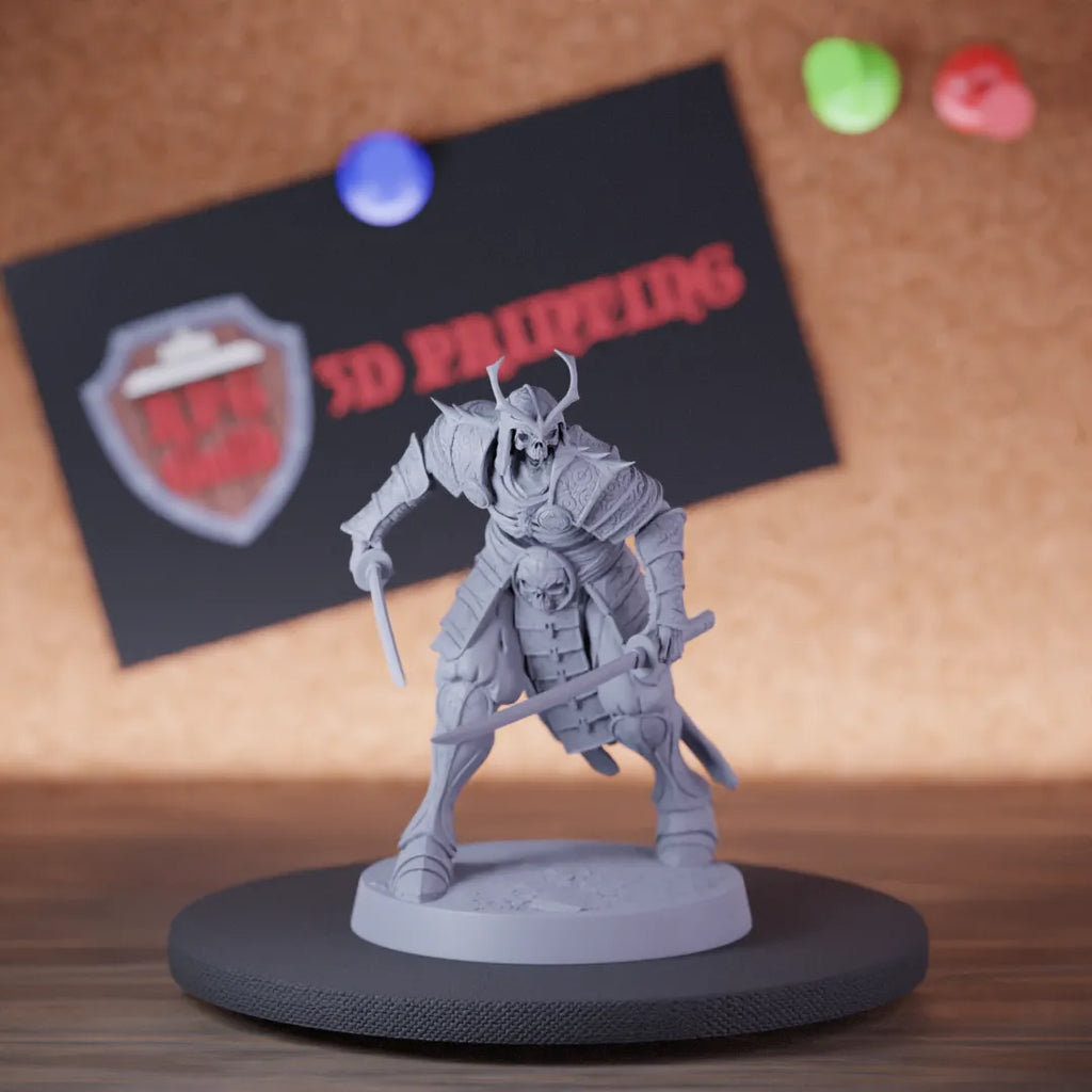 Highly detailed samurai skeleton dual sword miniature of OrientalSkeleton, perfect for DnD 5e encounters, fantasy tabletop RPG campaigns, painting and display.