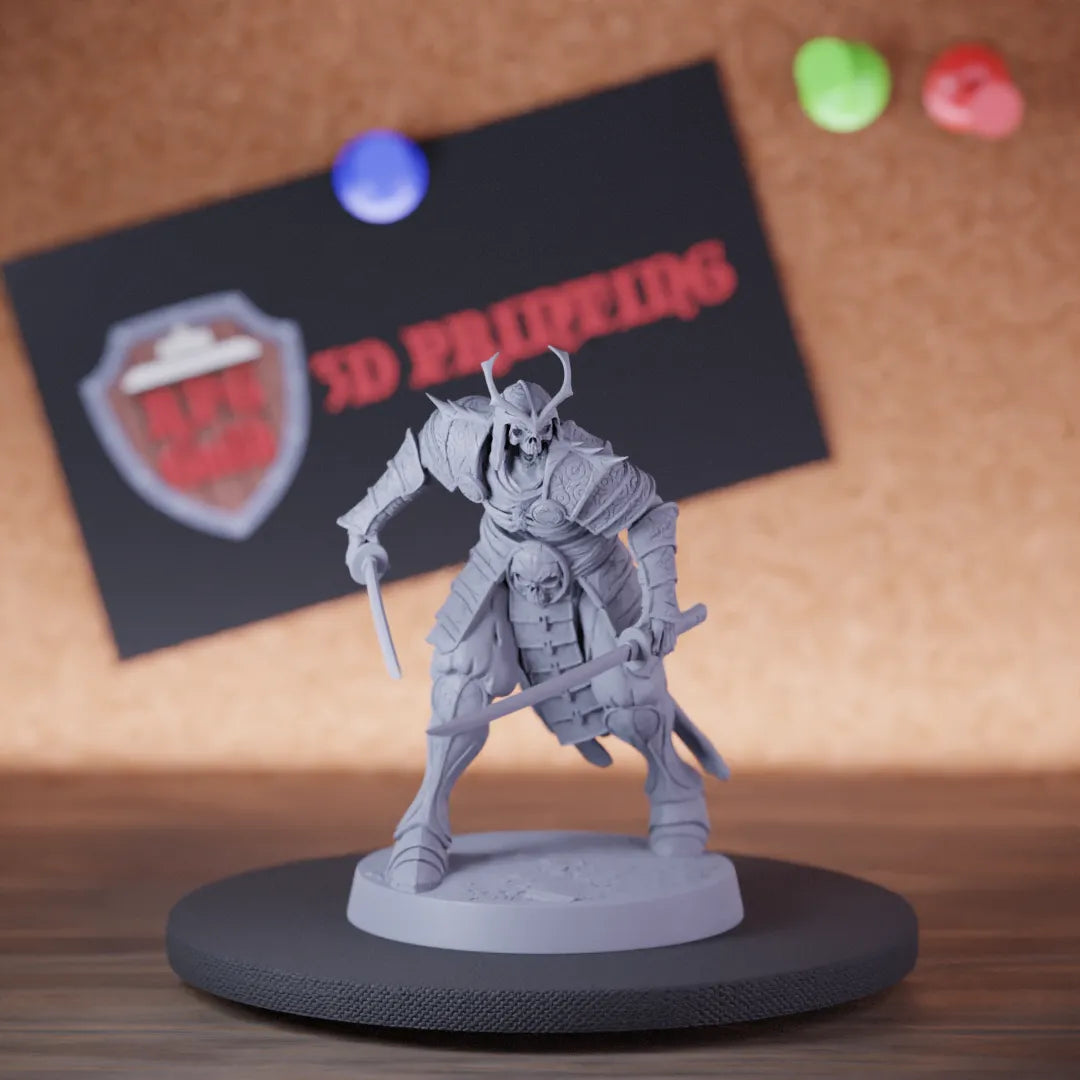Highly detailed samurai skeleton dual sword miniature of OrientalSkeleton, perfect for DnD 5e encounters, fantasy tabletop RPG campaigns, painting and display.
