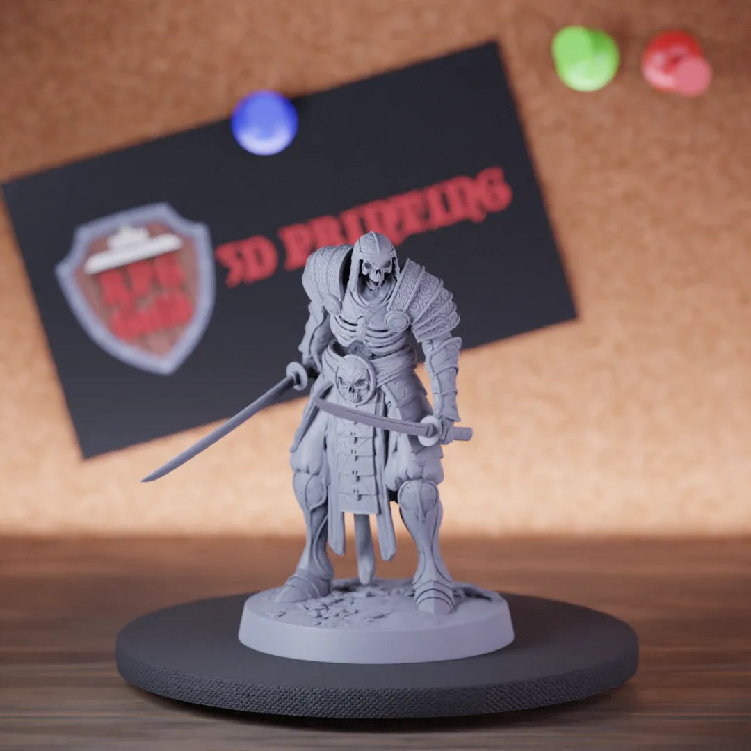 Highly detailed samurai skeleton dual sword taunt miniature of OrientalSkeleton, perfect for DnD 5e encounters, fantasy tabletop RPG campaigns, painting and display.