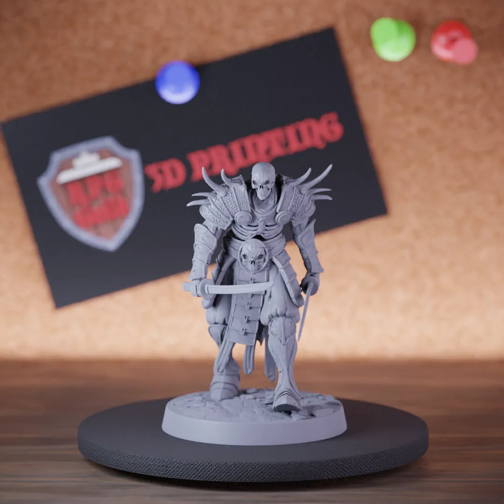Highly detailed samurai lesser skeleton dual sword miniature of OrientalSkeleton, perfect for DnD 5e encounters, fantasy tabletop RPG campaigns, painting and display.