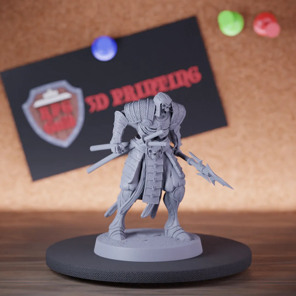 Highly detailed samurai skeleton spear angry miniature of OrientalSkeleton, perfect for DnD 5e encounters, fantasy tabletop RPG campaigns, painting and display.