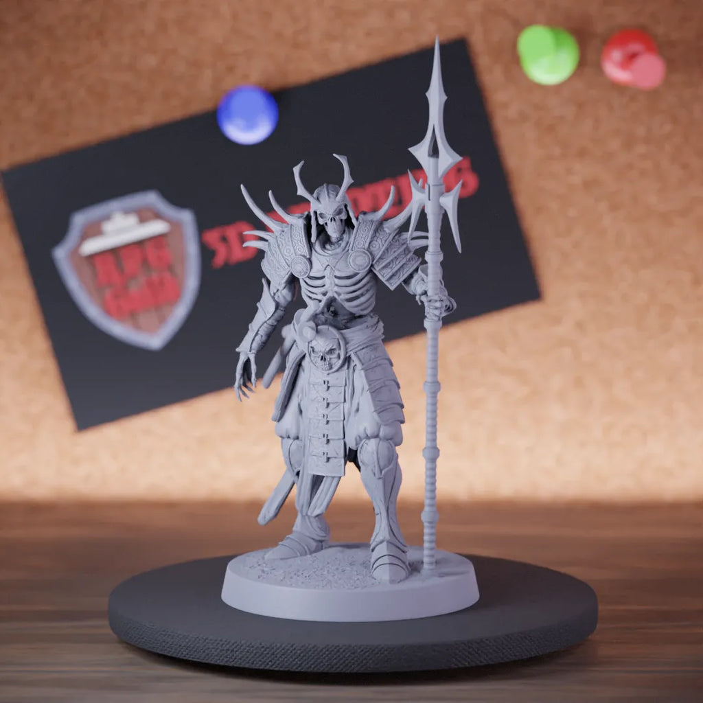 Highly detailed samurai skeleton spear guard miniature of OrientalSkeleton, perfect for DnD 5e encounters, fantasy tabletop RPG campaigns, painting and display.