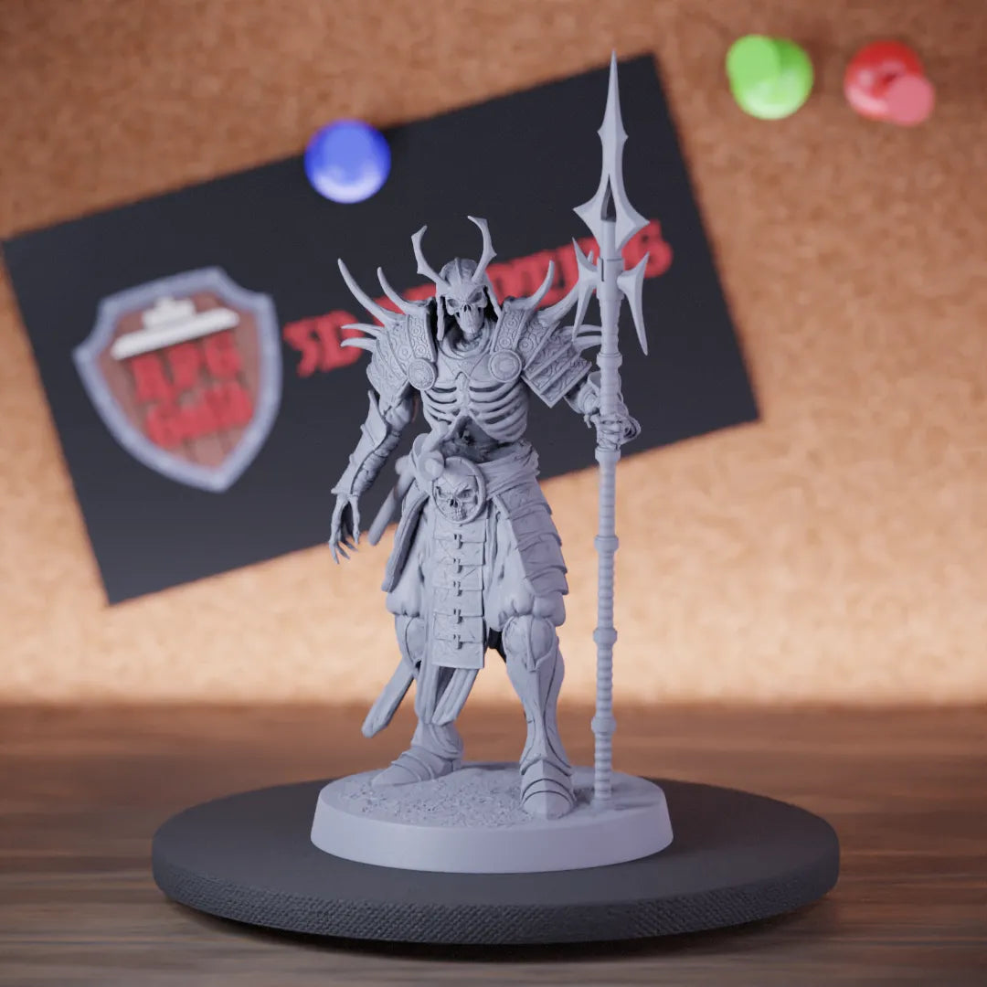 Highly detailed samurai skeleton spear guard miniature of OrientalSkeleton, perfect for DnD 5e encounters, fantasy tabletop RPG campaigns, painting and display.