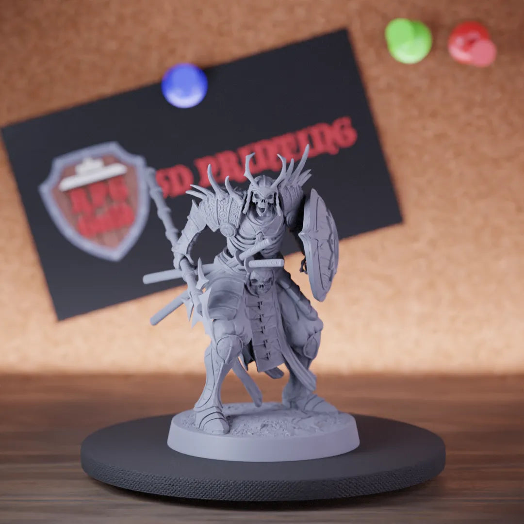 Highly detailed samurai skeleton spear shield angry miniature of OrientalSkeleton, perfect for DnD 5e encounters, fantasy tabletop RPG campaigns, painting and display.