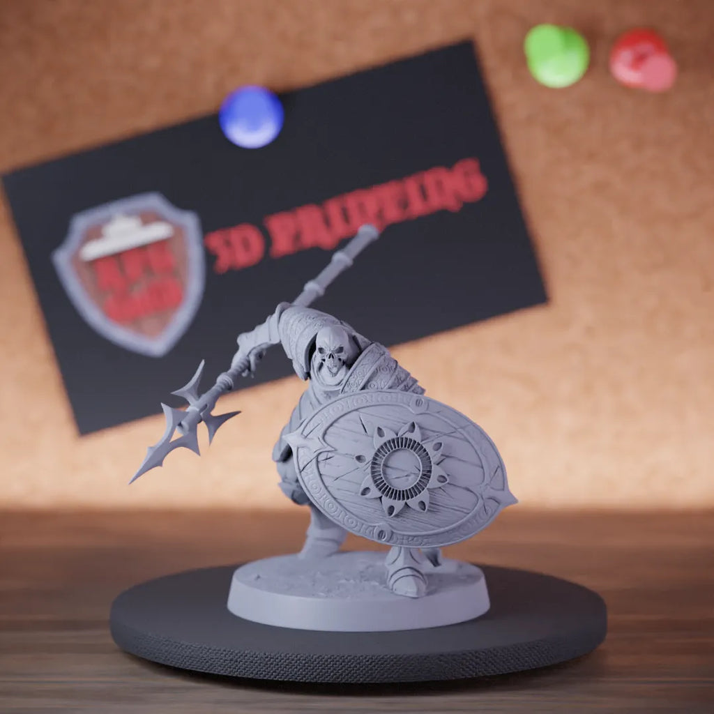 Highly detailed samurai skeleton spear shield miniature of OrientalSkeleton, perfect for DnD 5e encounters, fantasy tabletop RPG campaigns, painting and display.