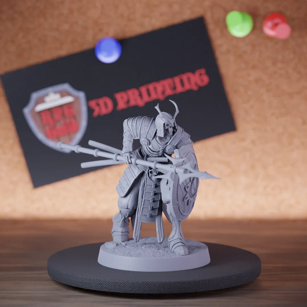 Highly detailed samurai skeleton spear shield parry miniature of OrientalSkeleton, perfect for DnD 5e encounters, fantasy tabletop RPG campaigns, painting and display.
