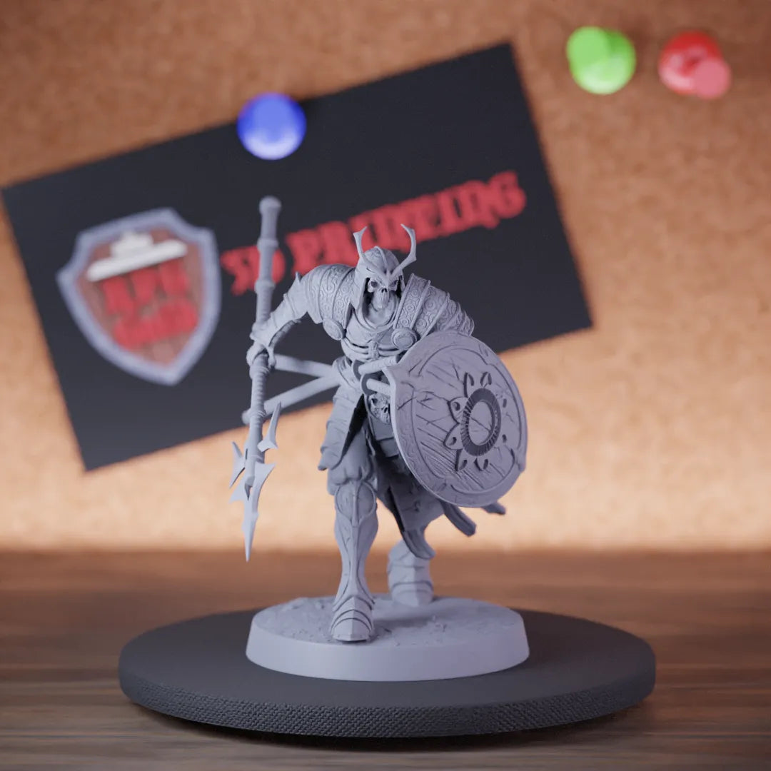 Highly detailed samurai lesser skeleton spear shield miniature of OrientalSkeleton, perfect for DnD 5e encounters, fantasy tabletop RPG campaigns, painting and display.