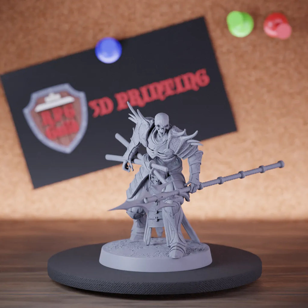 Highly detailed samurai skeleton spear taunt miniature of OrientalSkeleton, perfect for DnD 5e encounters, fantasy tabletop RPG campaigns, painting and display.