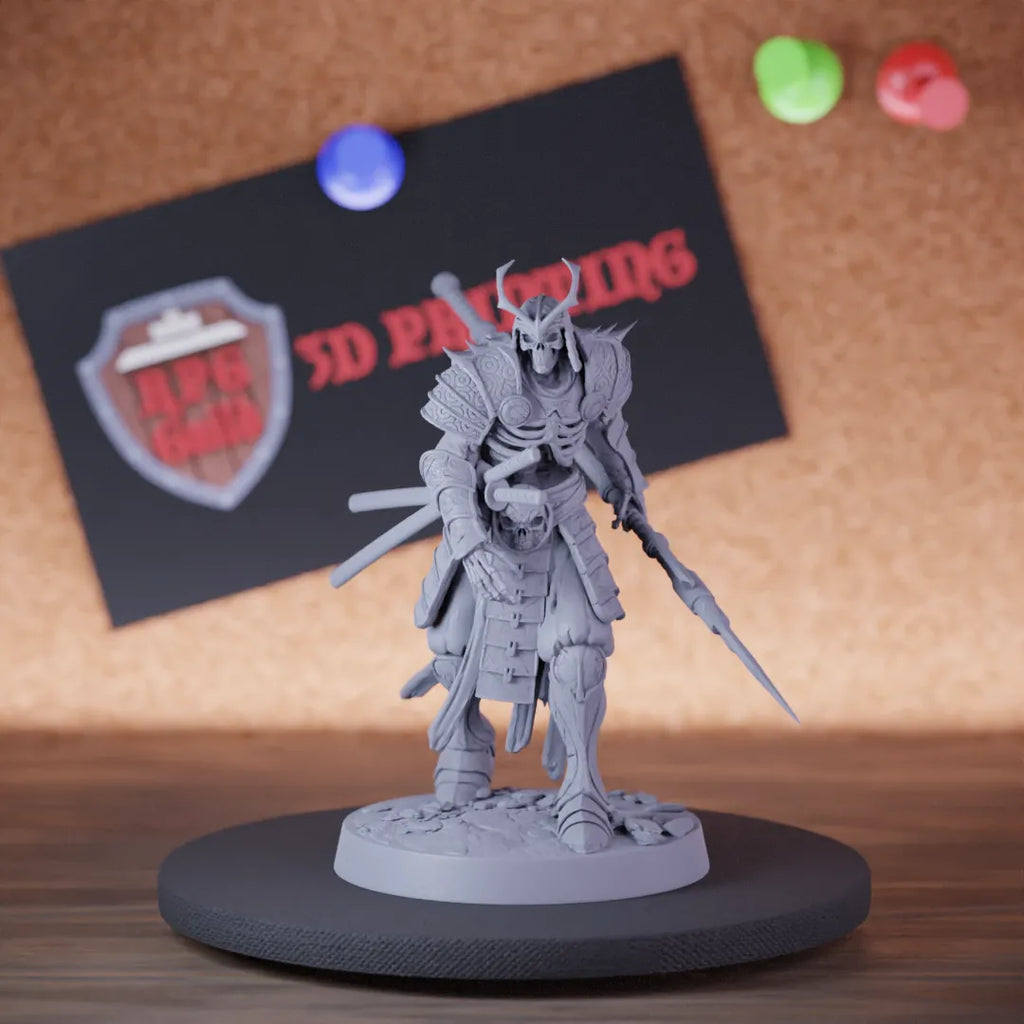 Highly detailed samurai lesser skeleton spear miniature of OrientalSkeleton, perfect for DnD 5e encounters, fantasy tabletop RPG campaigns, painting and display.