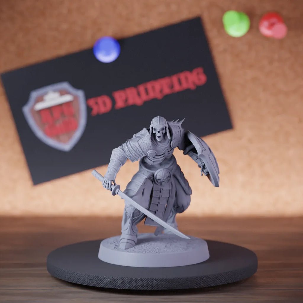 Highly detailed samurai skeleton sword shield miniature of OrientalSkeleton, perfect for DnD 5e encounters, fantasy tabletop RPG campaigns, painting and display.