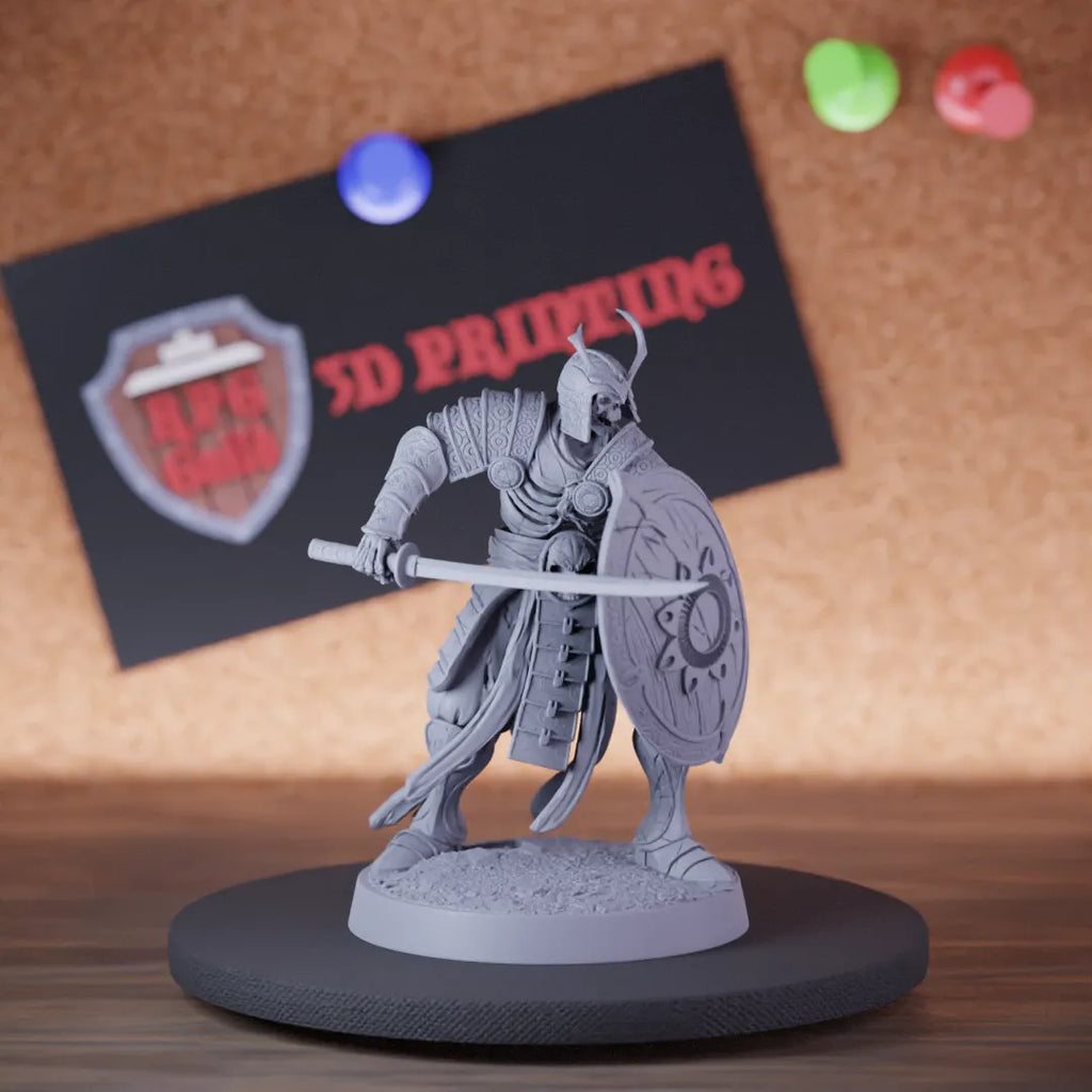 Highly detailed samurai skeleton sword shield guard miniature of OrientalSkeleton, perfect for DnD 5e encounters, fantasy tabletop RPG campaigns, painting and display.