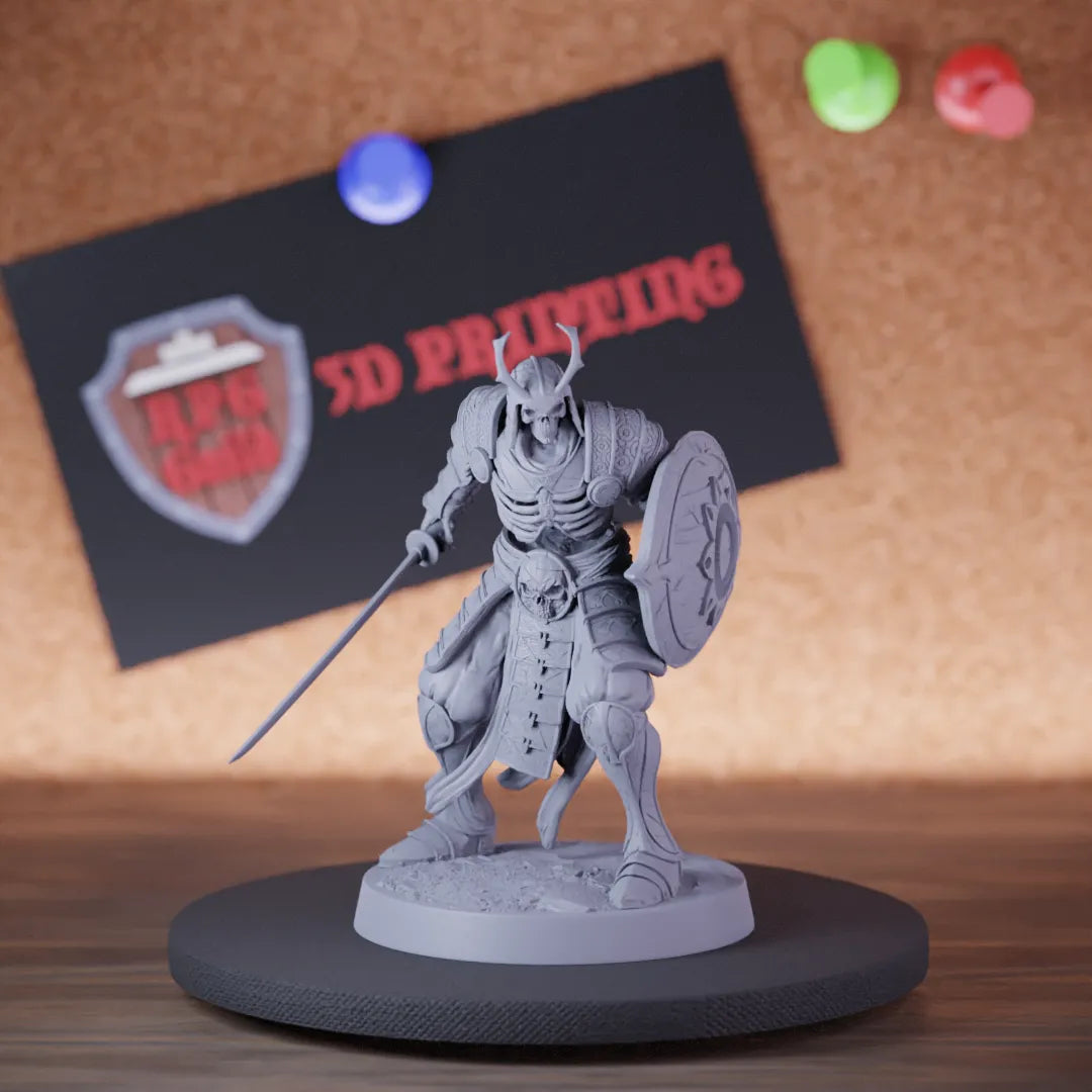 Highly detailed samurai lesser skeleton sword shield miniature of OrientalSkeleton, perfect for DnD 5e encounters, fantasy tabletop RPG campaigns, painting and display.