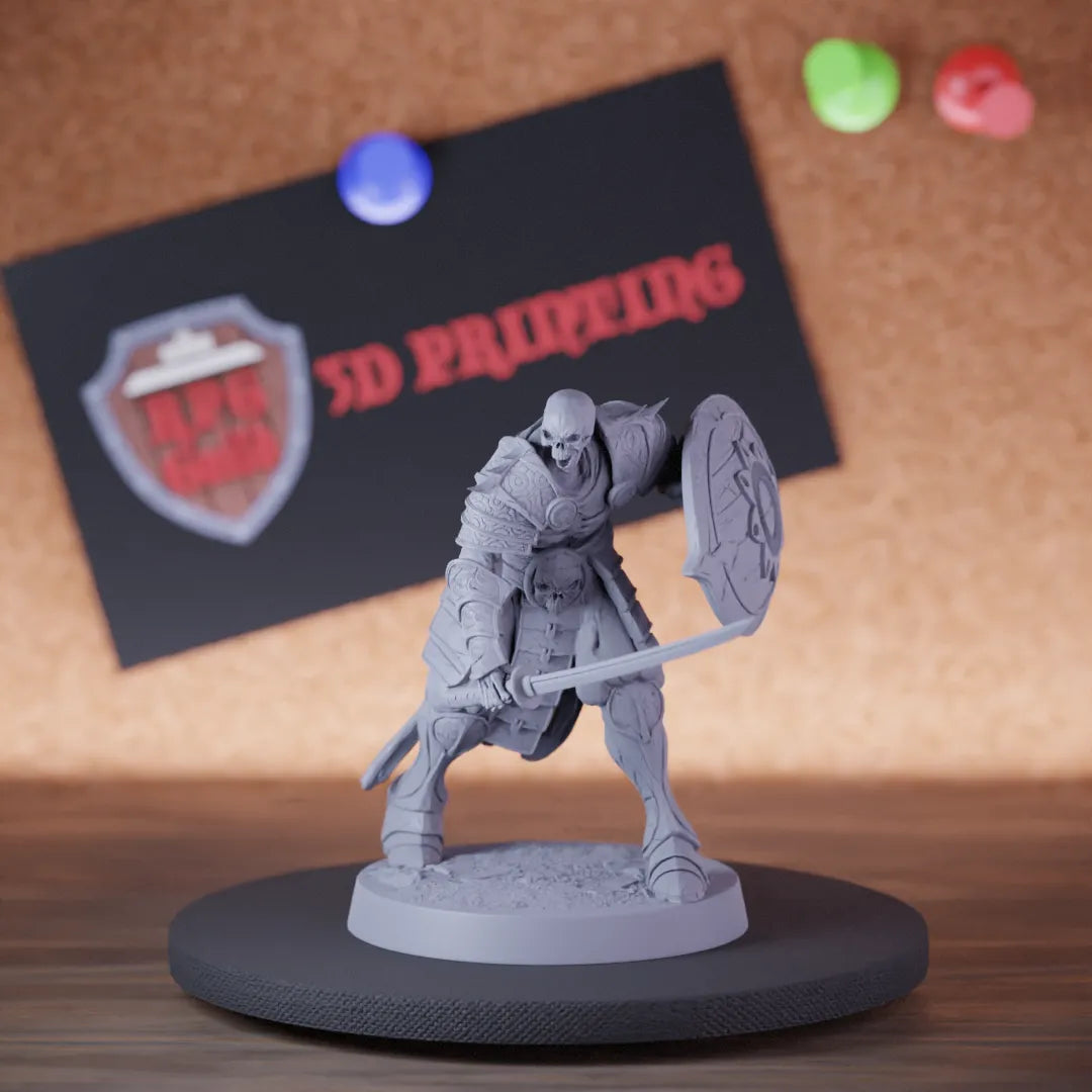 Highly detailed samurai skeleton sword shield taunt miniature of OrientalSkeleton, perfect for DnD 5e encounters, fantasy tabletop RPG campaigns, painting and display.