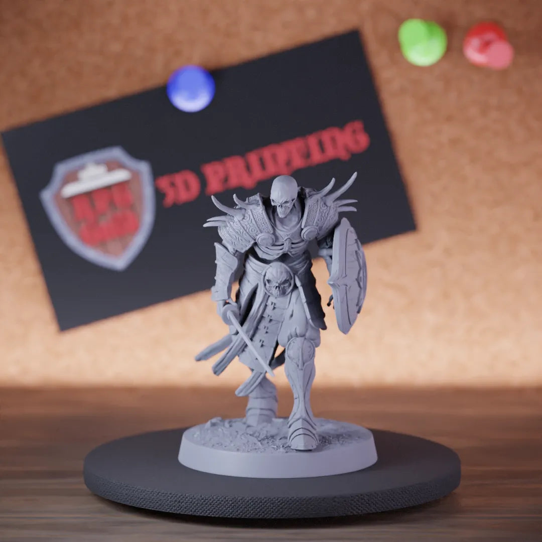 Highly detailed samurai greater skeleton sword shield miniature of OrientalSkeleton, perfect for DnD 5e encounters, fantasy tabletop RPG campaigns, painting and display.