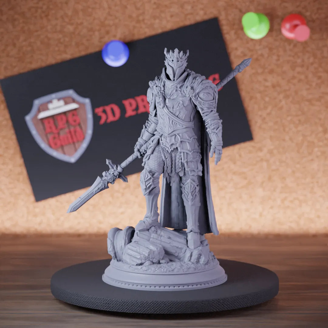 Highly detailed fighter warrior cursed knight miniature of Orsinius, perfect for DnD 5e encounters, fantasy tabletop RPG campaigns, painting and display.